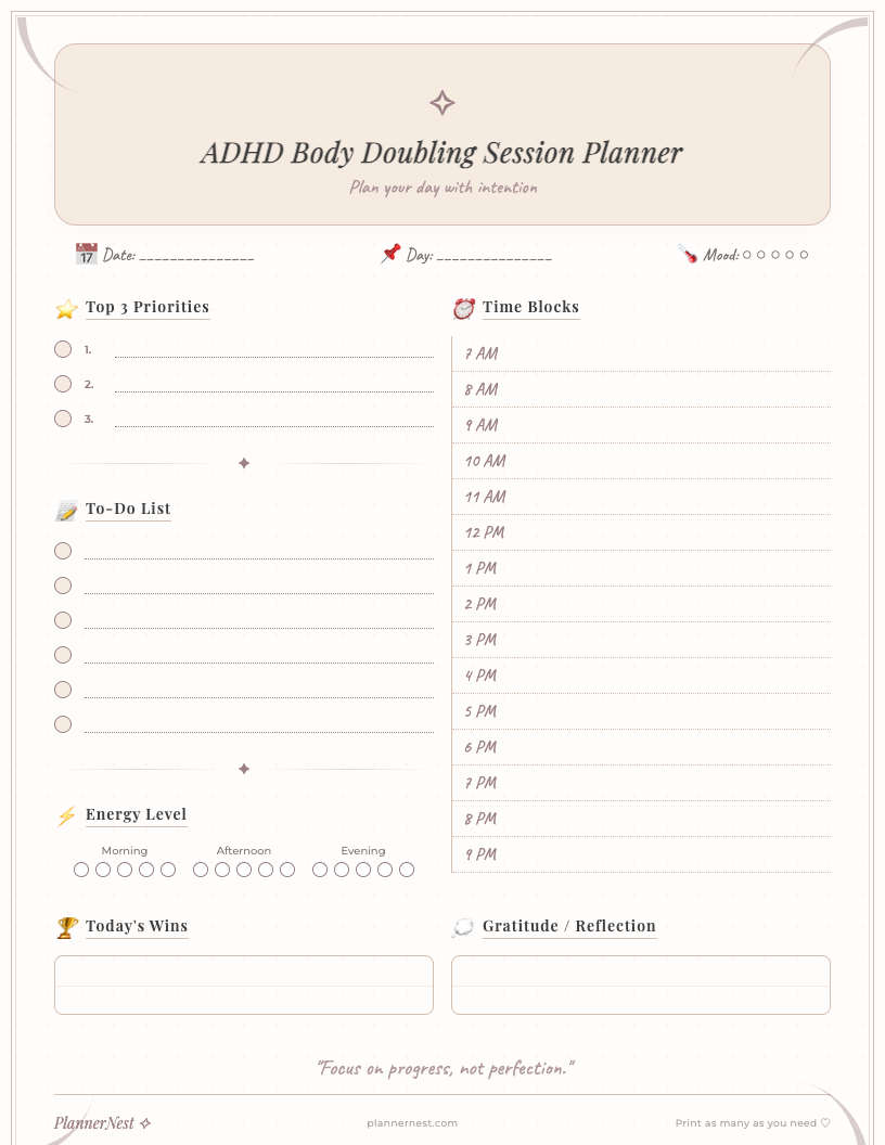 A clean, minimalist ADHD Body Doubling Session Planner PDF showing sections for Date, Session Times, Focus Task, Body Doubling Partner, Session Goal, Distraction Buster, Mid-Session Check-in, Post-Session Reflection, Next Steps, and Focus/Productivity Ratings. The layout is structured with clear headings and ample writing space.