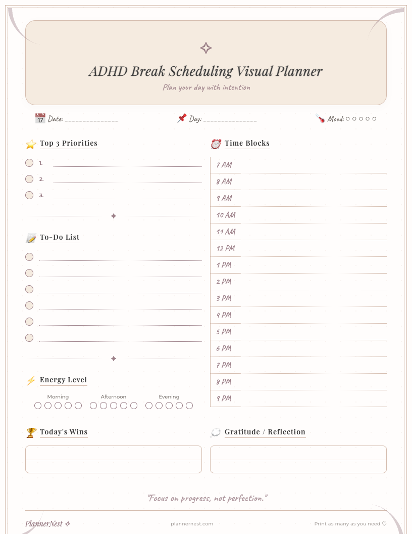 Vintage-style ADHD break scheduling visual planner showing sections for tasks, planned breaks, and a daily timeline. The printable features a warm, earthy color palette with elegant typography and includes space for daily notes and reflections, designed for focused time-blocking.