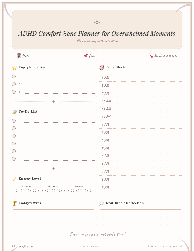 Cute printable ADHD Comfort Zone Planner for students featuring gentle pastel colors, illustrations of stars and clouds, a 'Today's Gentle Agenda' section, 'Brain Dump', and 'Comfort Zone Checklist' on a clean, inviting layout. Perfect for managing overwhelm and finding focus.