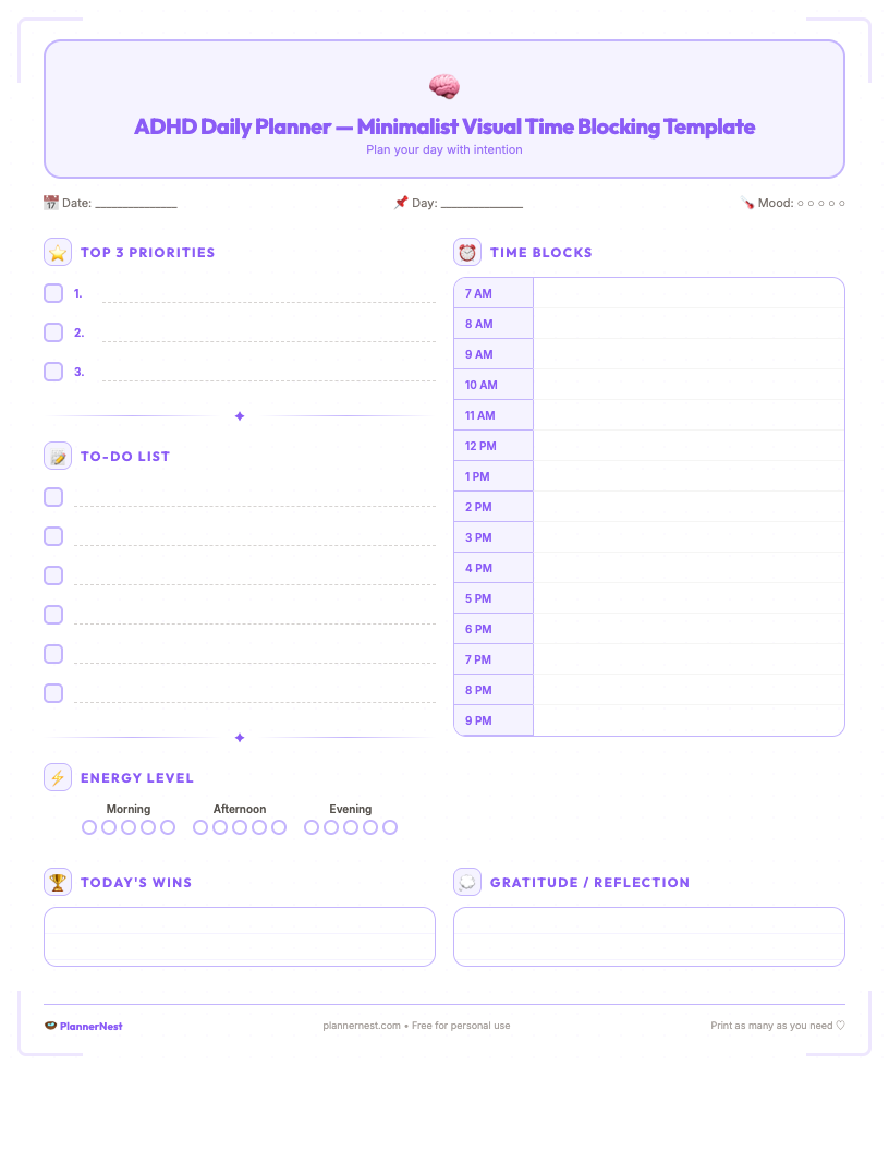 Free printable ADHD daily planner with visual time blocking sections, top 3 priorities, energy tracker, and daily wins section in minimalist design