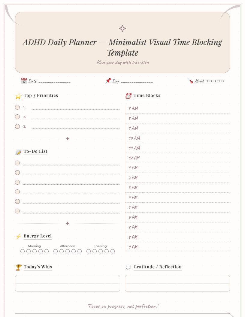 Free printable ADHD daily planner with visual time blocking sections, top 3 priorities, energy tracker, and daily wins section in minimalist design