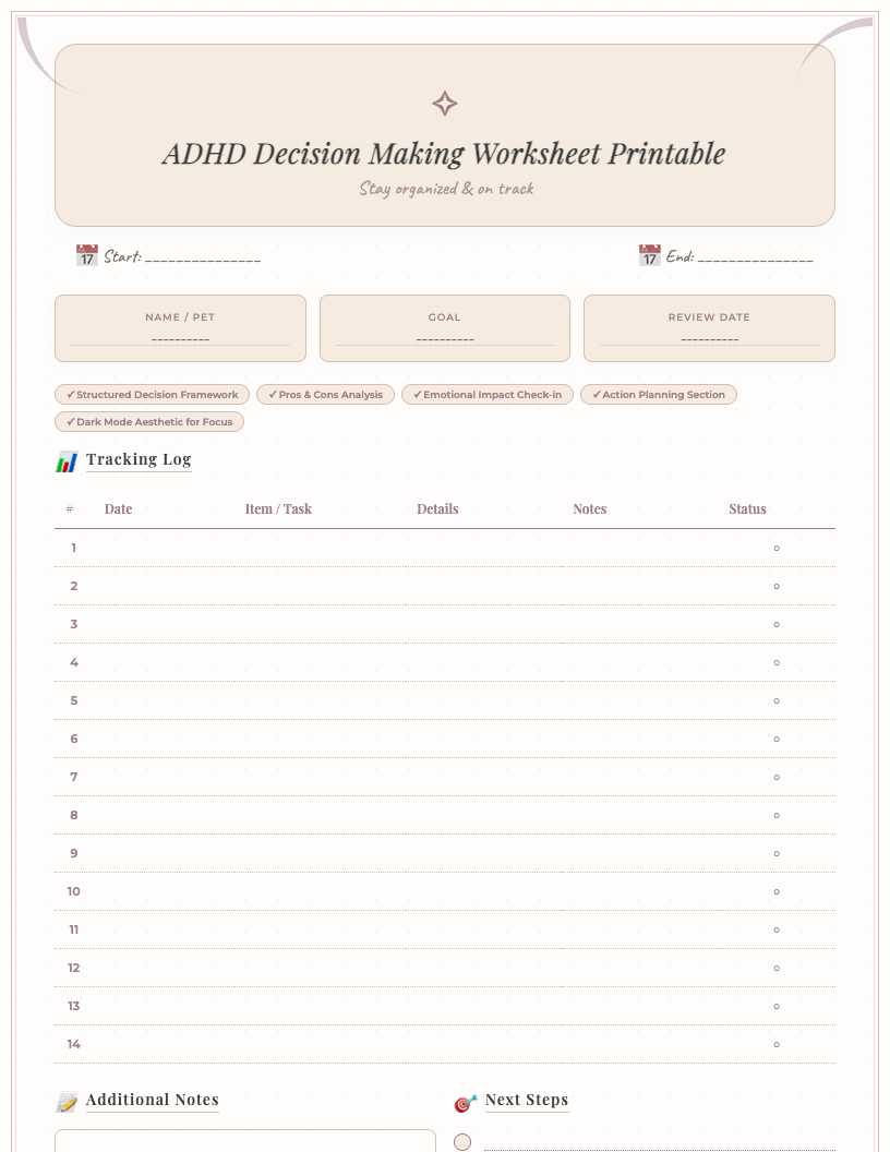 ADHD Decision Making Worksheet Printable in a dark, minimalist design. The layout shows sections for 'Decision Title', 'Goal', 'Pros', 'Cons', 'Potential Impact (Short & Long-Term)', 'Emotional Check-in', 'External Factors', 'Chosen Decision', 'Action Plan', and 'Review & Learn', providing a structured guide for students.
