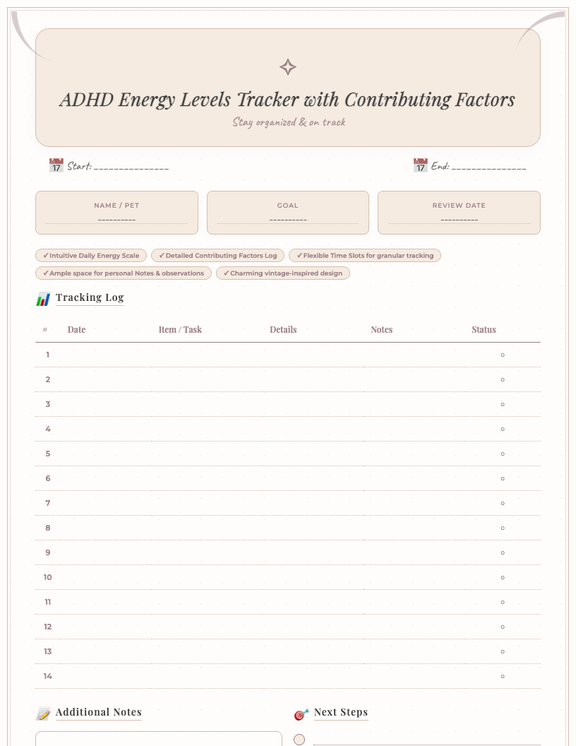 Vintage-style free printable ADHD Energy Levels Tracker showing daily energy scale, segmented time slots, a 'Contributing Factors' section with prompts for sleep, food, and activities, and a dedicated 'Notes' area, all presented on a subtly textured, sepia-toned page.