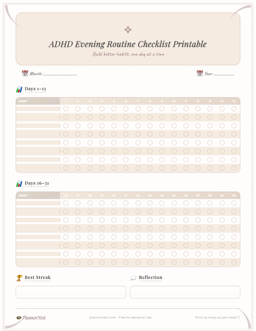 Preview of a clean, minimalist ADHD Evening Routine Checklist printable in a PDF format, showing sections for tasks, wind-down activities, next-day prep, and checkboxes for completion.