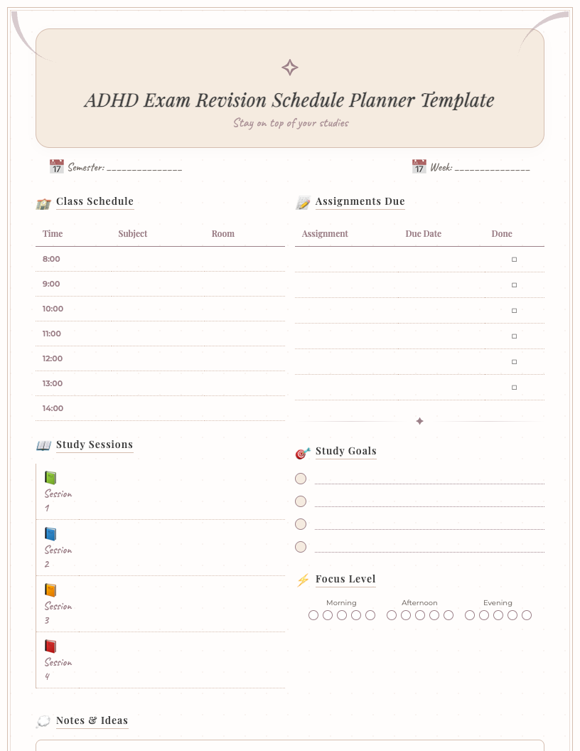 Minimalist ADHD Exam Revision Schedule Planner template showing a weekly overview, daily study blocks, subject tracking, integrated break reminders, and sections for task prioritization in a clean design.
