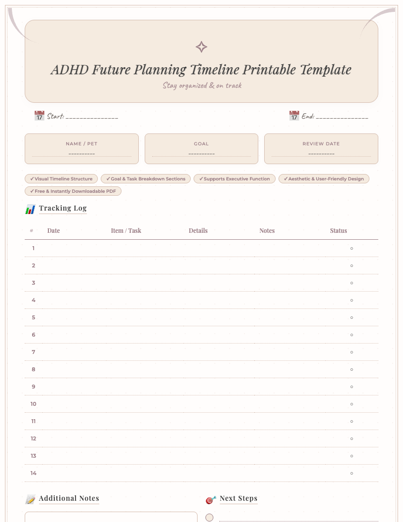 Aesthetic ADHD future planning timeline printable template, showing sections for 'Now', 'Near Future', and 'Distant Future' with ample space for goals, tasks, and checkboxes, designed to support executive function and organization.