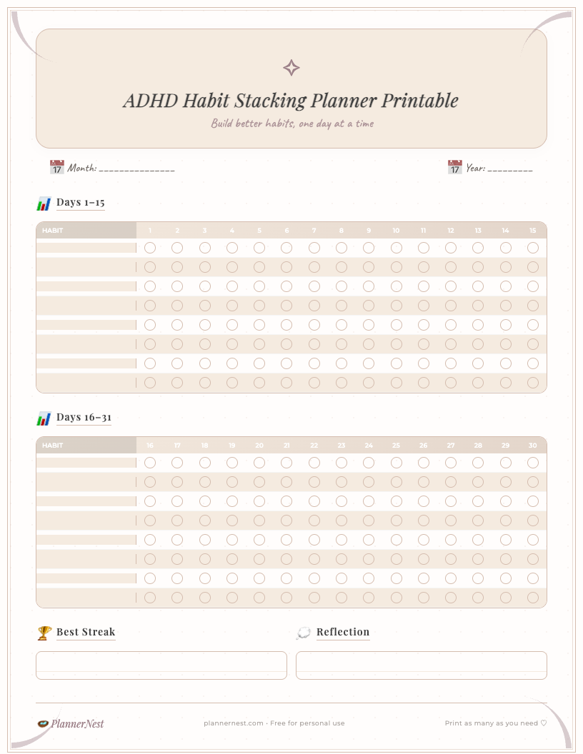 Aesthetic ADHD habit stacking daily planner printable for students, featuring sections for daily focus, habit stacking prompts, an hourly schedule, task list, water tracker, and notes, all in a clean, minimalist design.