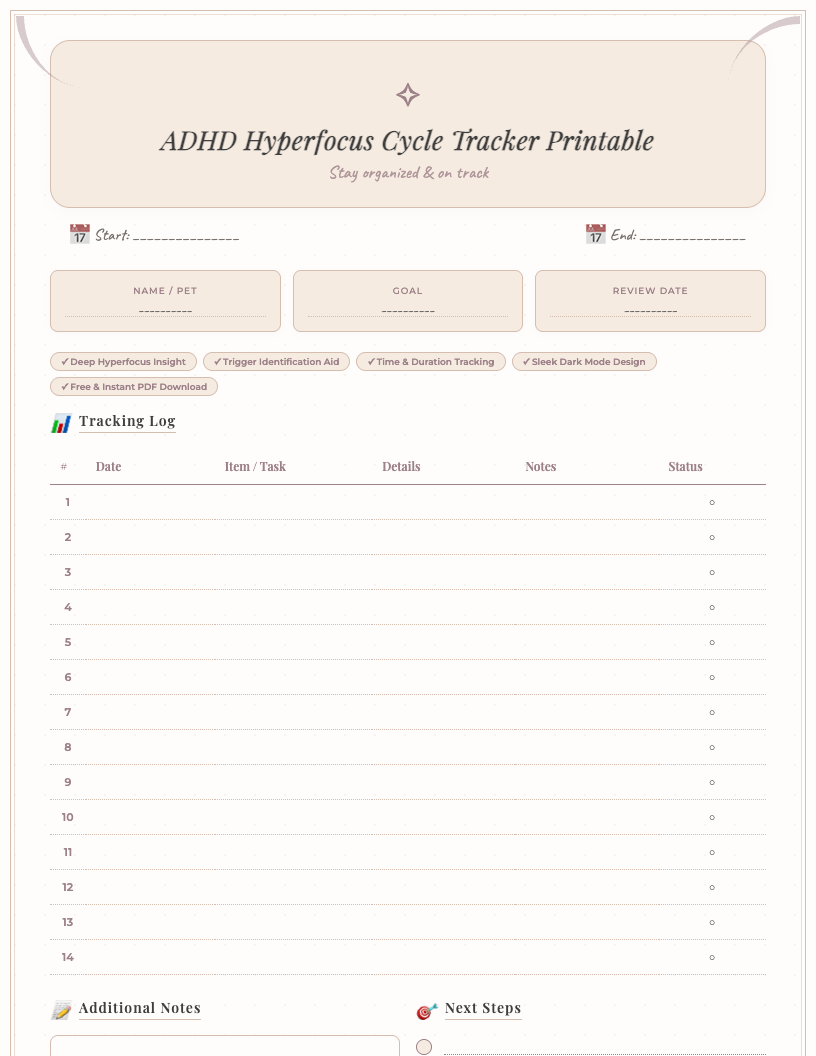 Dark-themed ADHD Hyperfocus Cycle Tracker printable showing sections for Date, Project/Task, Start Time, End Time, Total Duration, Environment, Triggers, Outcome/Productivity, and Notes. The layout is clean and organized, designed for easy tracking and self-reflection in a sleek, visually appealing dark mode.