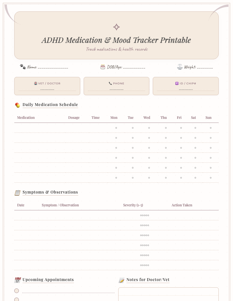 A minimalist ADHD medication and mood tracker printable, featuring a clean layout with columns for daily entries including date, medication name, dosage, time, a mood scale, side effect checkboxes, and a dedicated notes section.
