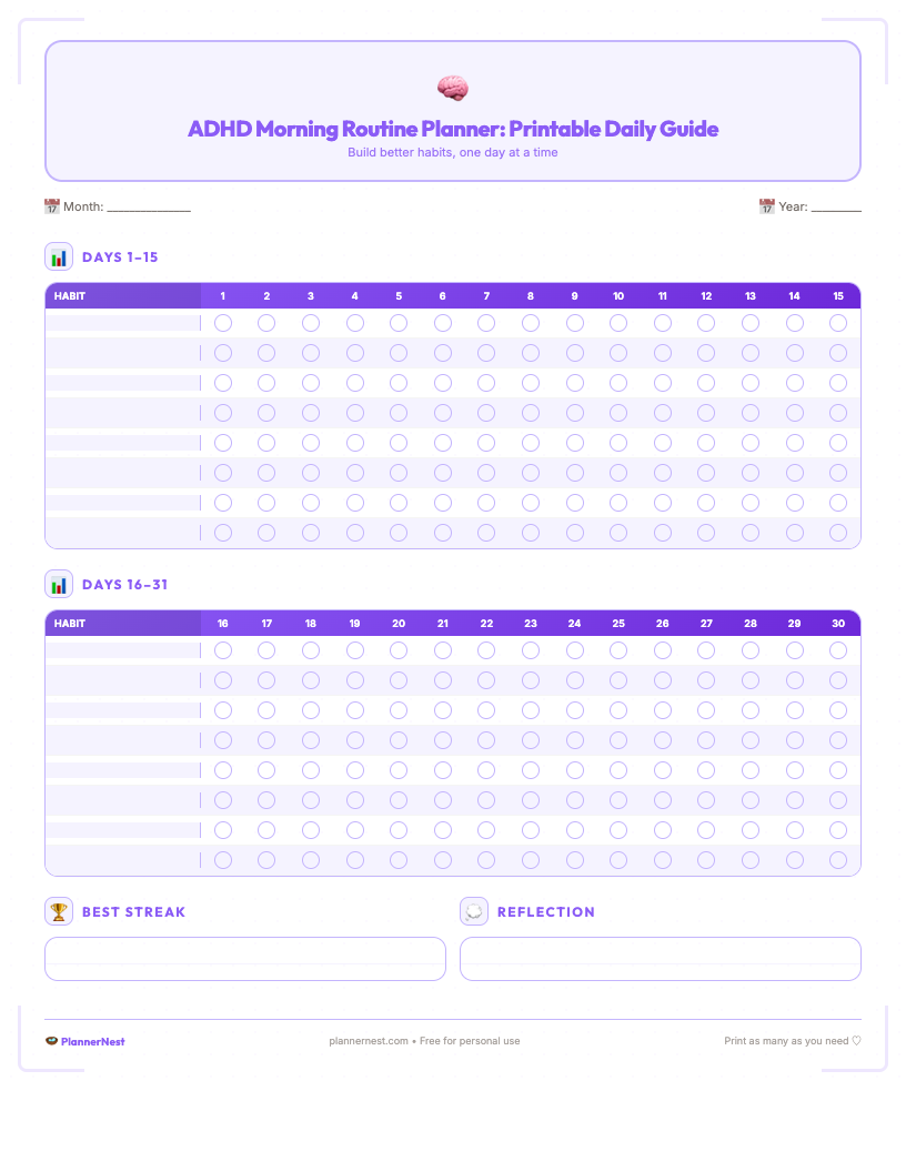 A vintage-style ADHD morning routine planner printable page featuring sections for time blocking, daily tasks, a habit tracker, and notes, designed for students to organize their mornings.