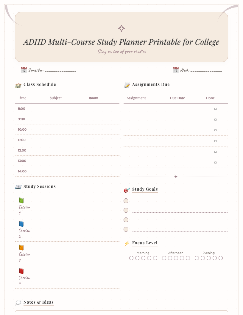 Vintage-style ADHD multi-course study planner printable for college students, featuring sections for course overview, assignment breakdown, weekly schedule, and focus zones, with an aesthetic aged paper background and classic fonts.