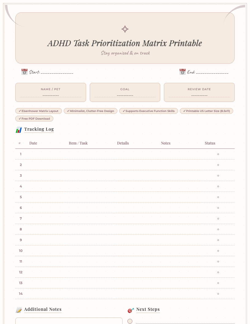A minimalist ADHD Task Prioritization Matrix printable with four quadrants: Do First (Urgent & Important), Schedule (Important, Not Urgent), Delegate (Urgent, Not Important), and Eliminate (Not Urgent, Not Important), designed for students to manage tasks.