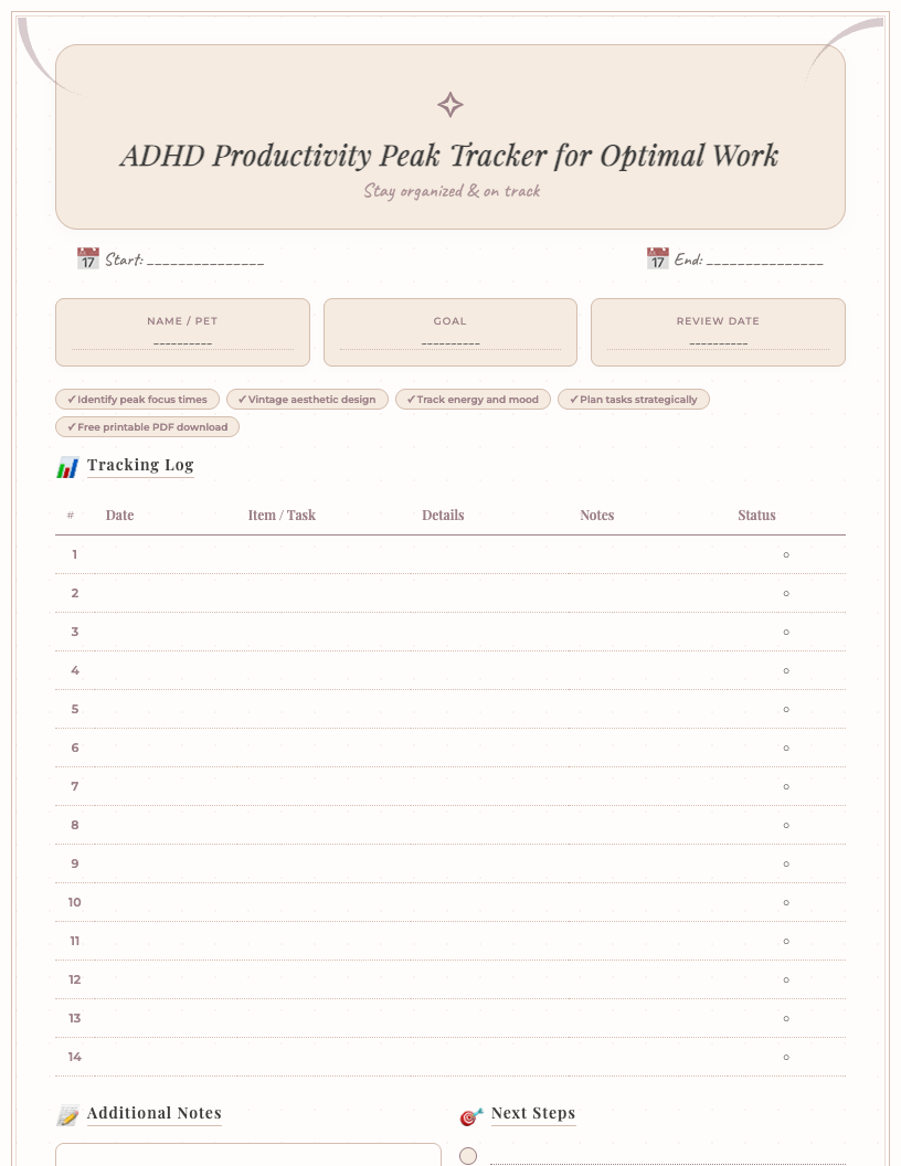 A vintage-style printable ADHD Productivity Peak Tracker page, featuring sections for hourly energy and focus levels, task notes, peak and dip identification, and reflection space, all with an elegant, old-world aesthetic.