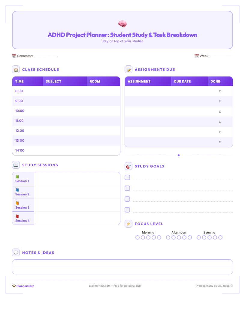 Free printable ADHD project planner for students, featuring sections for project title, due date, overall goal, a detailed task breakdown with checkboxes for completion, priority levels, mini-deadlines, resources needed, and a notes/brainstorming area, all on a clean, minimalist white background with black text.