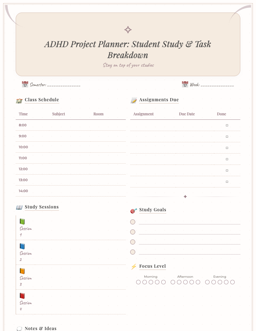 Free printable ADHD project planner for students, featuring sections for project title, due date, overall goal, a detailed task breakdown with checkboxes for completion, priority levels, mini-deadlines, resources needed, and a notes/brainstorming area, all on a clean, minimalist white background with black text.