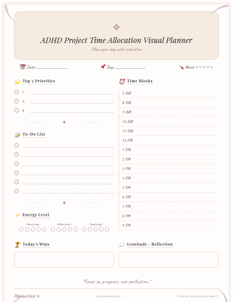 Vintage-style ADHD Project Time Allocation Visual Planner showing sections for project title, task breakdown, estimated vs. actual time tracking, a visual time block grid with example entries, and a progress tracker, all on an aged paper background.