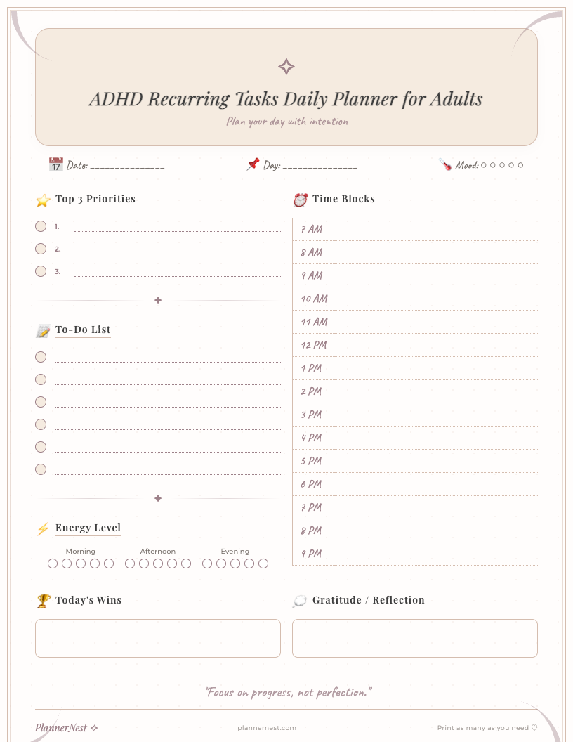 Preview of a dark-style ADHD recurring tasks daily planner printable for adults, showing sections for daily schedule, top priorities, recurring tasks, general to-do list, notes, hydration tracker, and mood tracker.