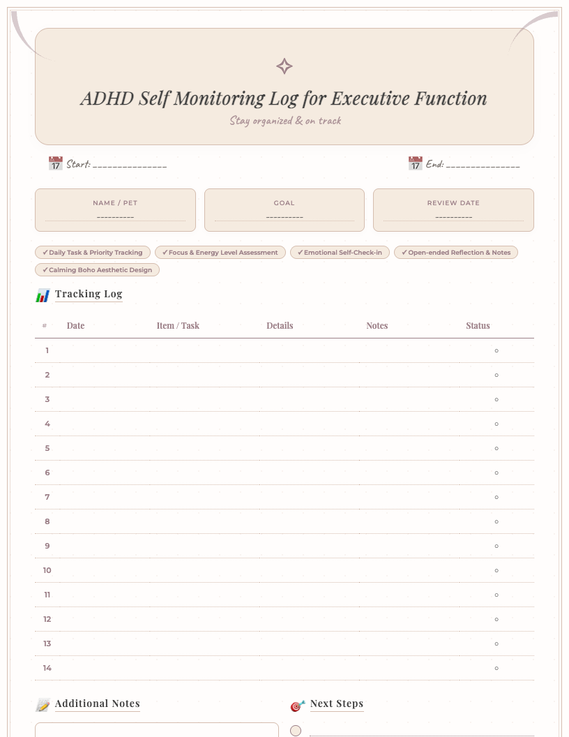 A free printable ADHD Self Monitoring Log in a boho style, showing sections for date, main tasks, focus level (1-5), emotional check-in (mood scale), activities, and notes, all within a calming earthy color palette with natural leaf accents.