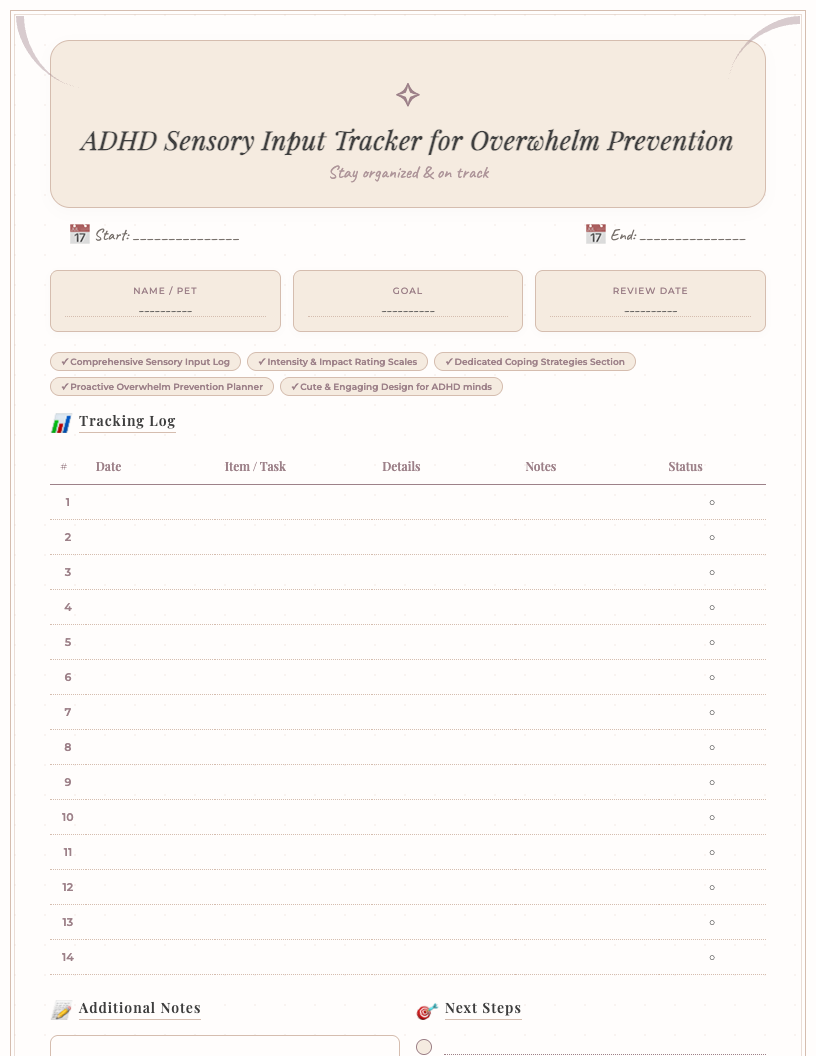 Cute pastel-themed ADHD sensory input tracker printable showing sections for 'Sensory Input Log', 'Intensity', 'Impact', 'Coping Strategies', and 'Prevention Plan'. Features whimsical illustrations and clear, organized tracking fields.