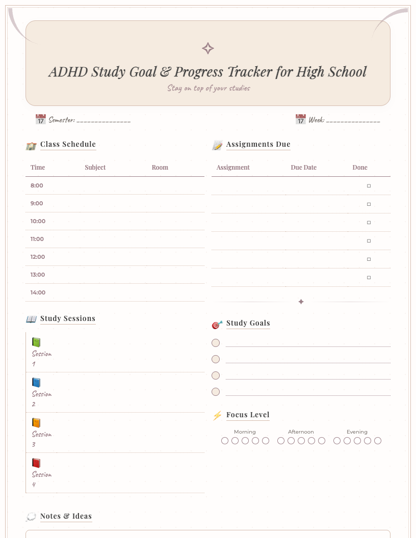 Aesthetic ADHD Study Goal & Progress Tracker for High School, featuring sections for long-term goals, weekly schedules, daily tasks, visual progress bars, reflection prompts, and rewards, all in a clean, minimalist design with soft, calming colors.