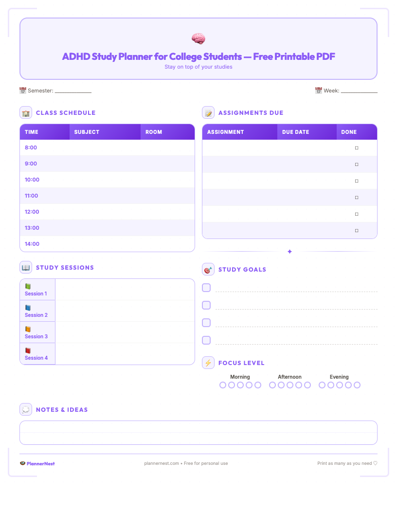 Free printable ADHD study planner for college students with task chunking grid, focus timer, priority matrix, and reward tracking