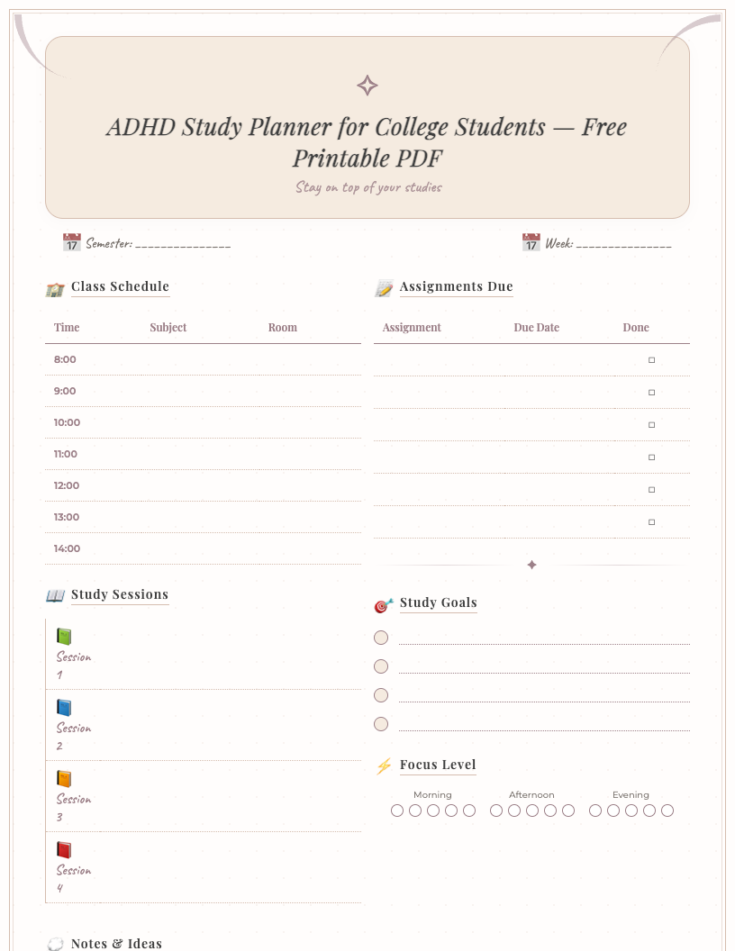 Free printable ADHD study planner for college students with task chunking grid, focus timer, priority matrix, and reward tracking