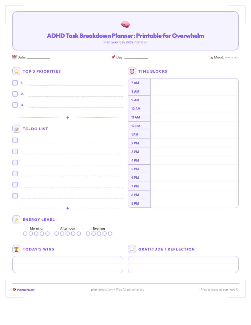Dark style ADHD task breakdown printable showing sections for 'Main Task,' 'Breakdown into Smaller Steps,' 'Micro Tasks,' 'Priority,' 'Due Date,' and 'Notes,' designed to help manage overwhelm and improve focus.