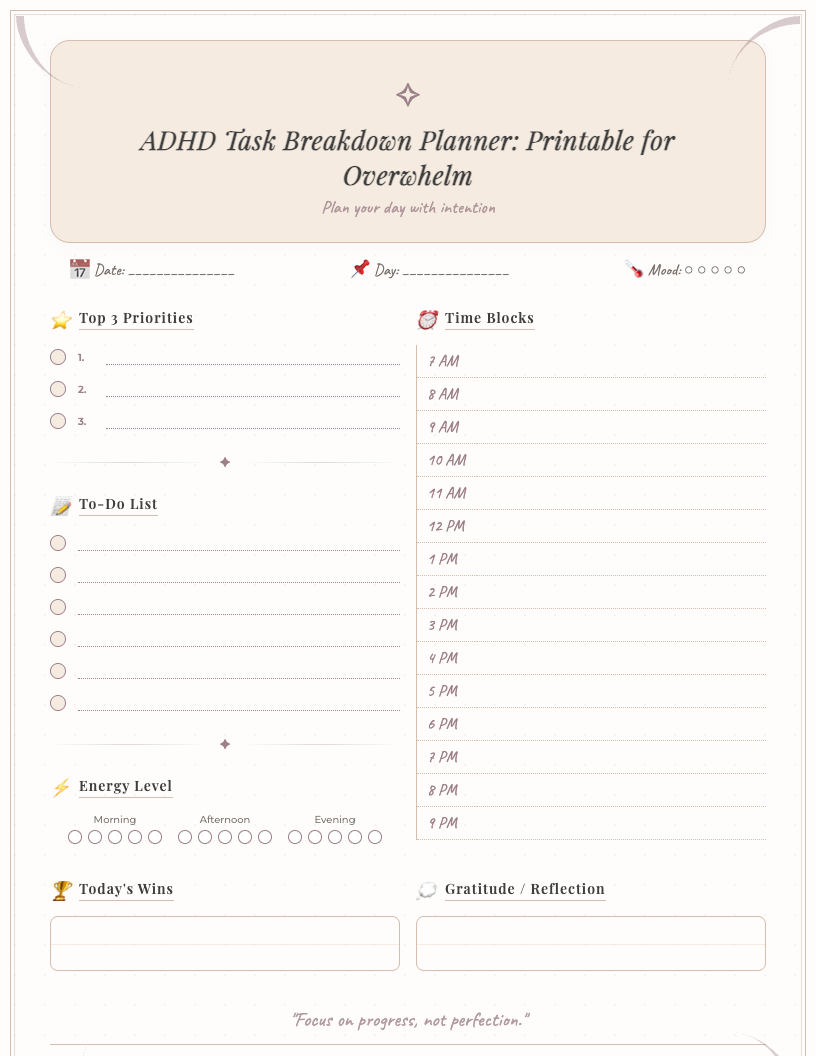 Dark style ADHD task breakdown printable showing sections for 'Main Task,' 'Breakdown into Smaller Steps,' 'Micro Tasks,' 'Priority,' 'Due Date,' and 'Notes,' designed to help manage overwhelm and improve focus.