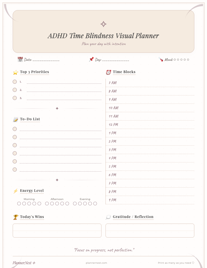 A minimalist ADHD time blindness visual planner showing an hourly breakdown from 6 AM to 10 PM on a white background. It features clear sections for each hour to write tasks, along with dedicated boxes for 'Must Do,' 'Priorities,' and 'Notes,' all designed for easy time-blocking and improved focus.