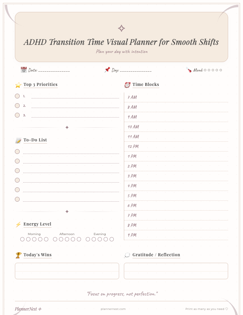 Clean, visually organized ADHD transition time planner printable showing time blocks from 7 AM to 9 PM, clearly defined task sections, and check boxes for managing daily activities and smooth transitions between them.