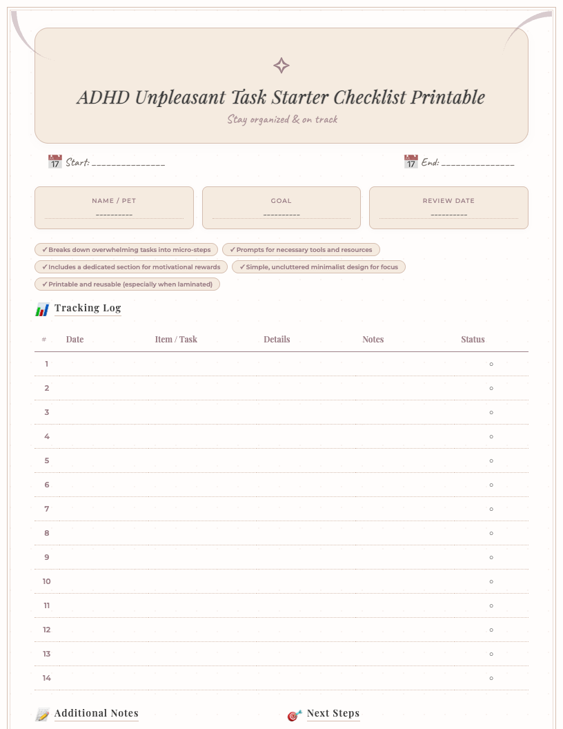 Minimalist ADHD unpleasant task starter checklist printable with columns for 'Task,' 'Micro-Steps (2-5 min),' 'Tools Needed,' 'Reward,' and 'Done' checkboxes, designed for easy tracking and task initiation.