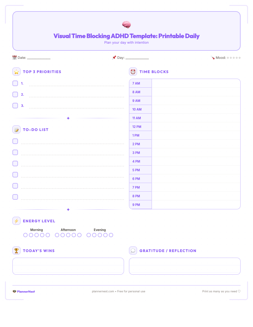 A preview of the aesthetic Visual Time Blocking ADHD Template, showing a daily planner with hourly time slots, 'Top 3 Priorities' section, a task list, a water tracker, and a notes area on a clean, minimal background.