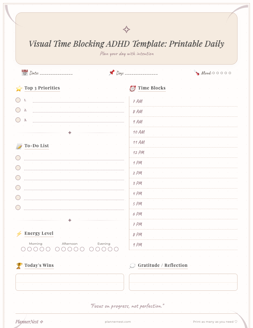 A preview of the aesthetic Visual Time Blocking ADHD Template, showing a daily planner with hourly time slots, 'Top 3 Priorities' section, a task list, a water tracker, and a notes area on a clean, minimal background.