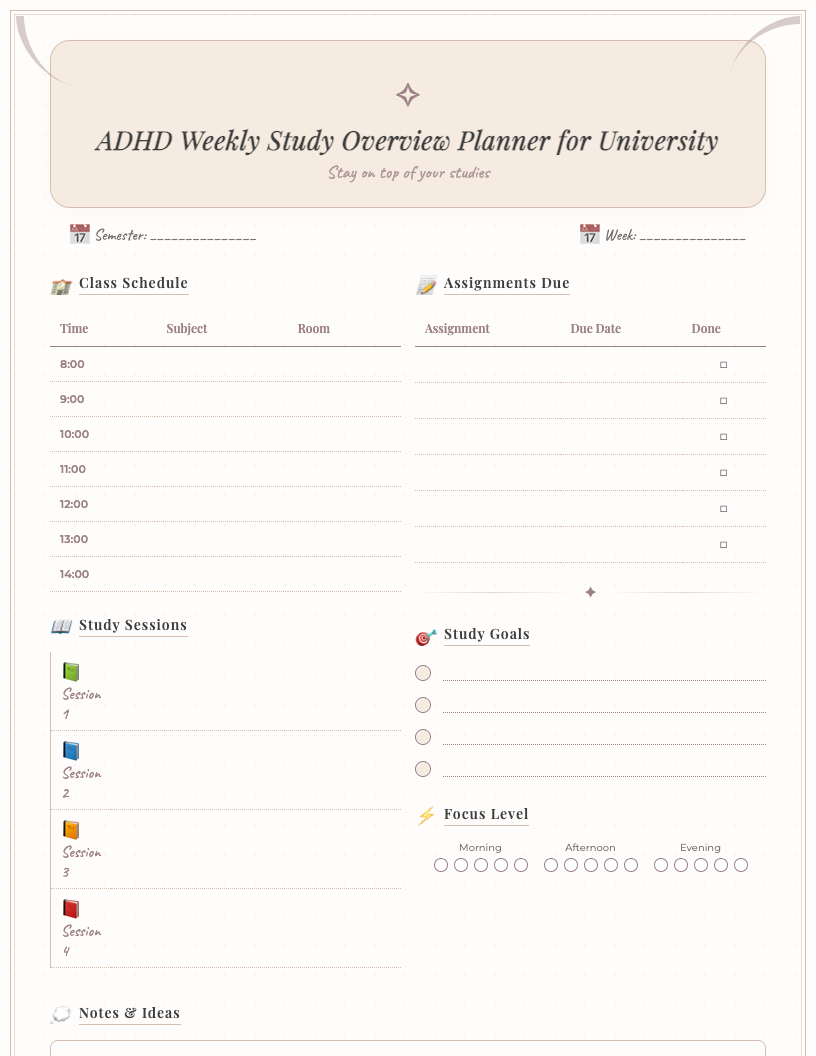 Clean and minimalist ADHD weekly study overview printable in a landscape format, featuring sections for weekly goals, daily task breakdown, focus zones, distraction tracker, and notes, designed for university students.