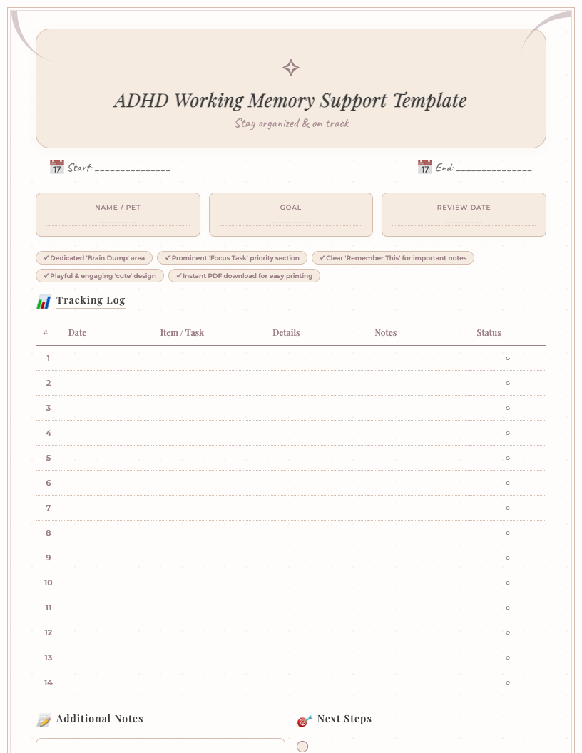 Cute pink and blue ADHD working memory support template with sections for 'Brain Dump', 'Focus Task', 'Remember This', and 'Notes' with playful illustrations and an open space for writing.