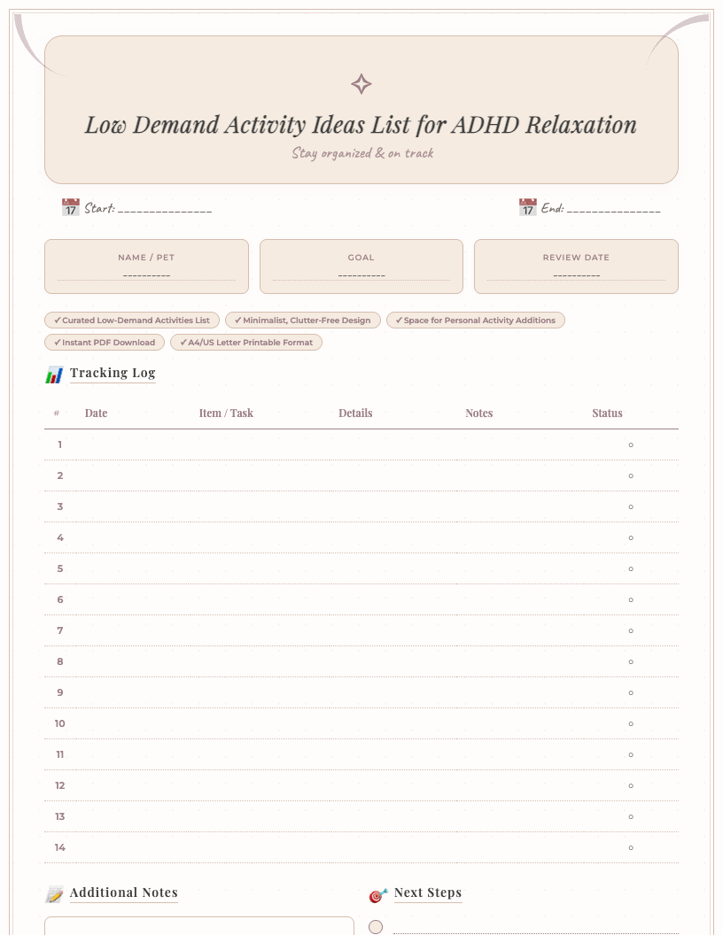 Preview image of the Free Printable Low Demand Activity Ideas List for ADHD Relaxation, featuring a clean, minimalist design with a bulleted list of activities and space for personal additions, presented on a white background.