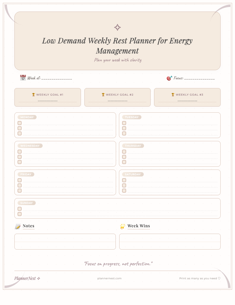 Boho style free printable low demand weekly rest planner for students. Features warm earthy tones, celestial motifs, weekly layout with sections for rest activities, energy levels, and gentle reminders, all designed for ADHD and focus management.