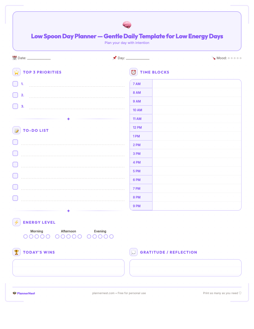 Free printable low spoon day planner with gentle task list, self-care checklist, energy spoon tracker, and comfort items in calming pastel design