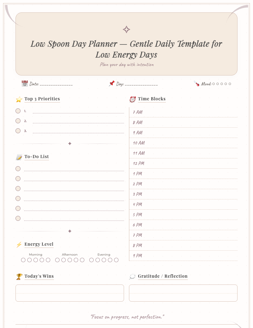 Free printable low spoon day planner with gentle task list, self-care checklist, energy spoon tracker, and comfort items in calming pastel design