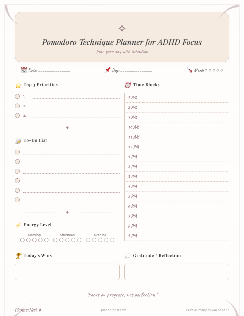A clean, minimalist free printable Pomodoro Technique ADHD Timer Sheet for focus, showing sections for tasks, pomodoro cycles, short breaks, long breaks, a distraction log, and a notes area, designed for US Letter size paper.
