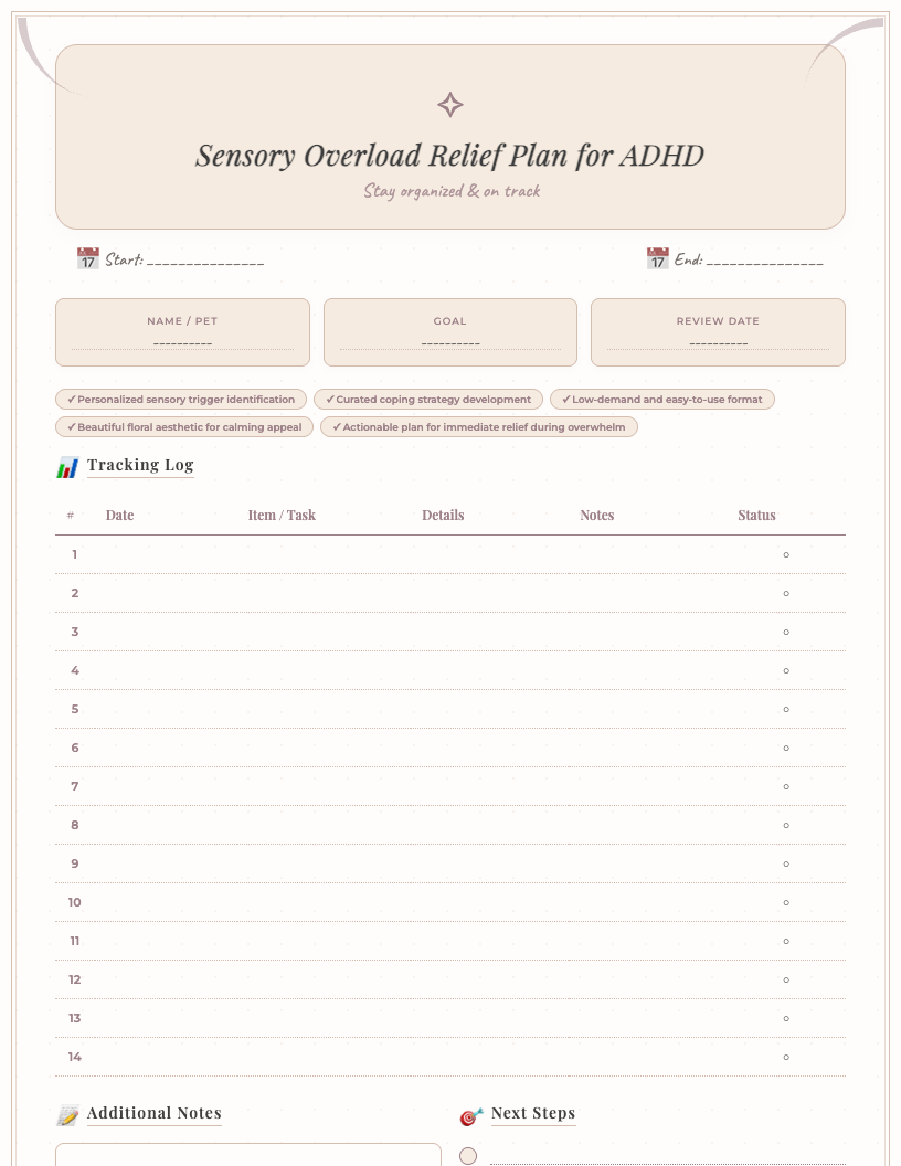 A free printable Sensory Overload ADHD Relief Planner with a gentle floral design, showing structured sections for trigger identification, personalized coping strategies, and a quick action relief plan, available for PDF download.