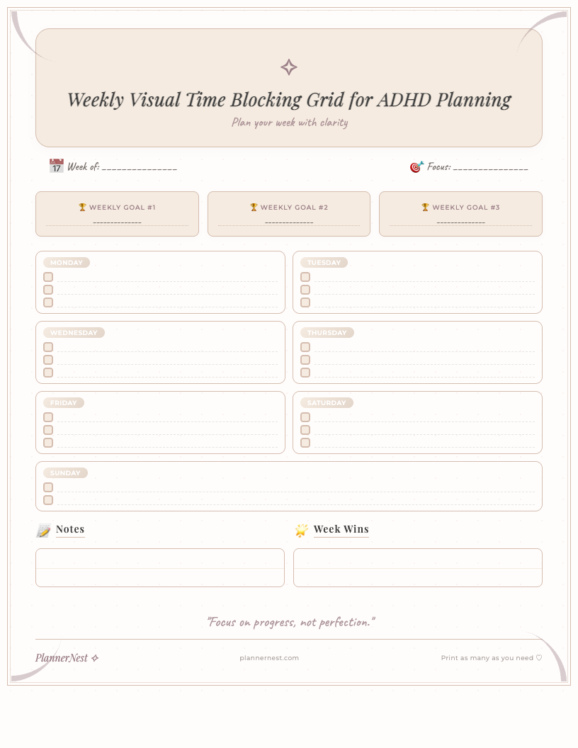 A clean, minimalist weekly visual time blocking grid printable for ADHD, showing seven daily columns (Monday-Sunday) with blank hourly time slots and a dedicated section for weekly notes, designed for easy time management.