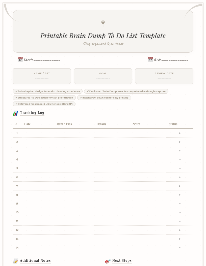 Preview image of a free printable boho brain dump to do list template showing a 'Brain Dump' section, a 'To Do' section, and 'Notes' with organic, earthy design elements.