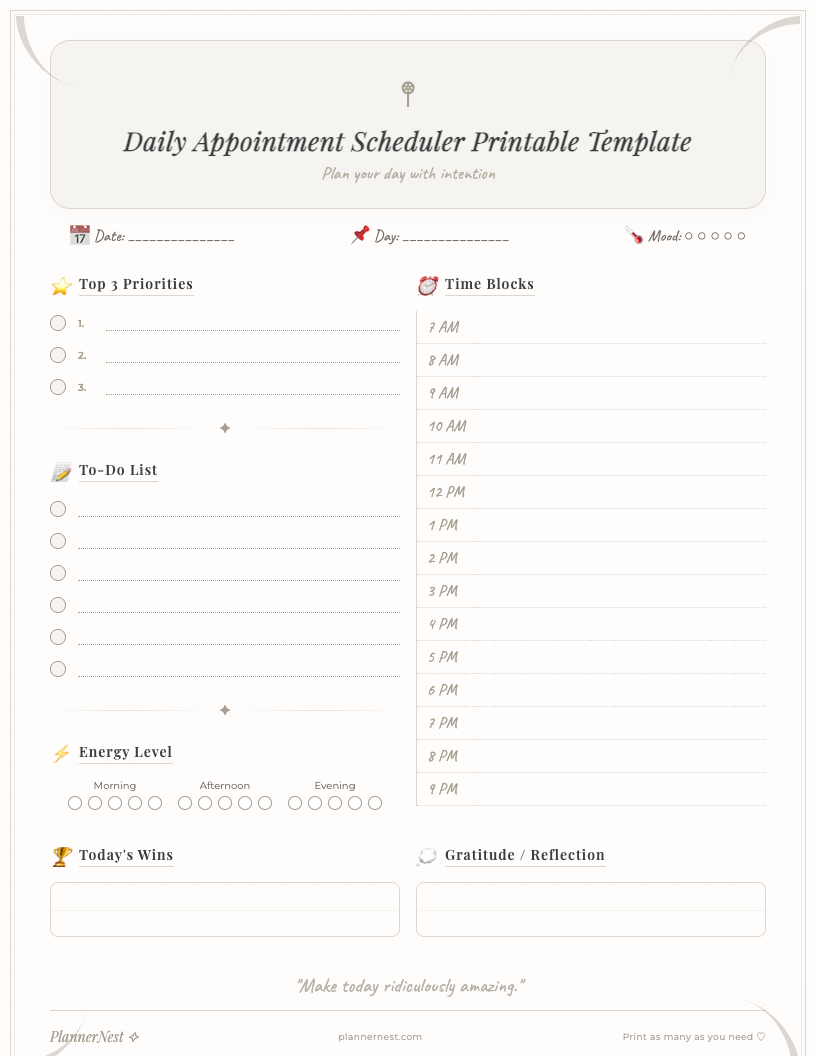 Free boho daily appointment scheduler printable template showing an hourly schedule from 6 AM to 9 PM, top priorities, to-do list, and notes section, all within a natural, earthy design with subtle botanical accents.