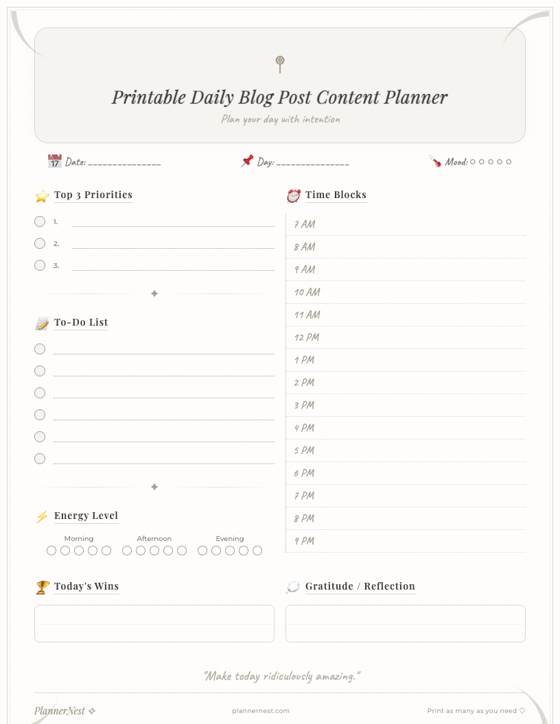 Cute daily blog post content planner printable PDF with sections for date, blog title, topic, headline idea, target keywords, call to action, promotion checklist, and notes, featuring a cheerful pastel design with floral accents.