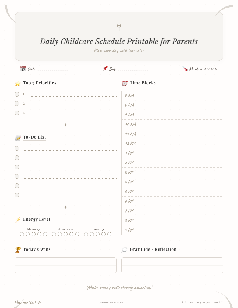 Preview image of a free printable daily childcare schedule for parents, featuring a beautiful floral design with sections for time, activities, meals, and notes.