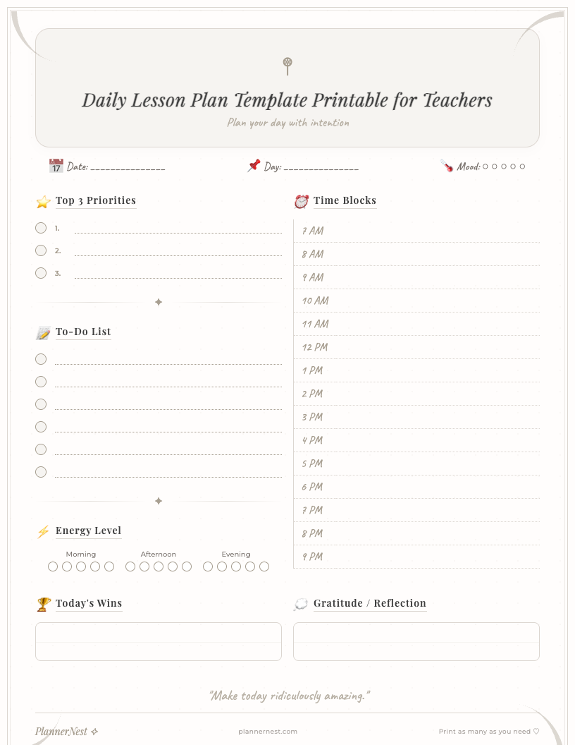 Cute daily lesson plan template for teachers, featuring a light blue and pink color scheme with playful doodles. It includes organized sections for date, subject, time, objectives, materials, activities, assessment, homework, and notes, all clearly laid out on a printable page.