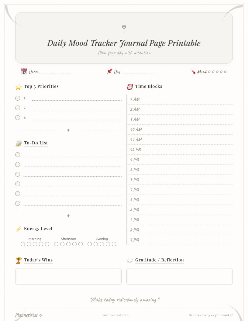 Aesthetic daily mood tracker journal printable page designed for students. The minimalist layout features sections for date, a visual mood rating scale with emojis, space to list specific feelings, prompts to identify influences on mood, a daily reflection notes area, and a self-care activity reminder.