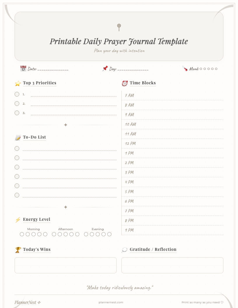 Cute student-friendly daily prayer journal template printable PDF featuring sections for date, scripture, prayer requests, gratitude, and reflections, adorned with playful graphics in pastel colors.
