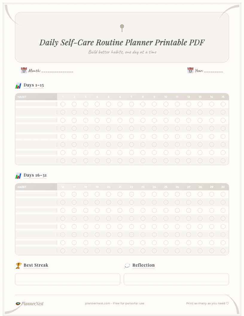 A clean, minimalist daily self-care routine planner printable PDF featuring sections for date, top priorities, a self-care checklist (physical, mental, emotional, spiritual), gratitude, affirmation, and notes, all designed for professionals.